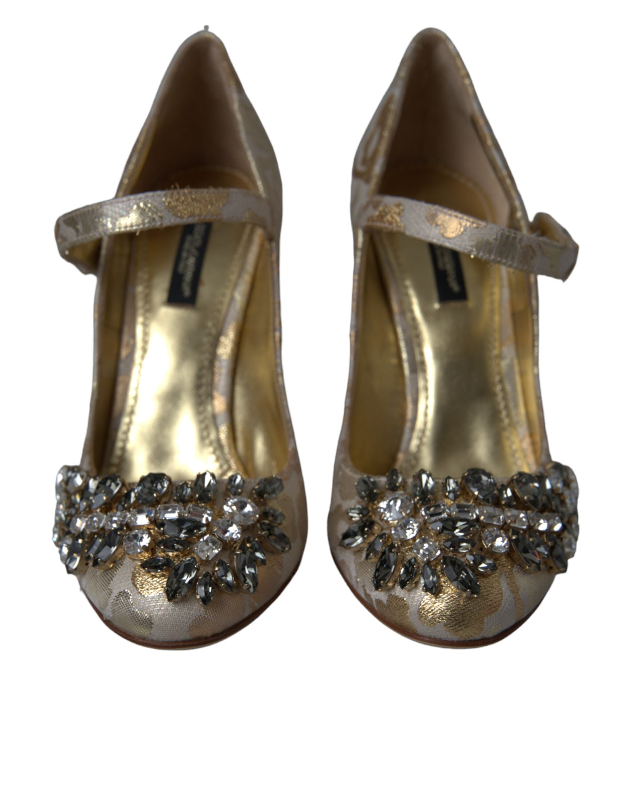 Chaussures Dolce & Gabbana Mary Janes en jacquard doré avec cristaux, élégantes et brillantes, vues de face.