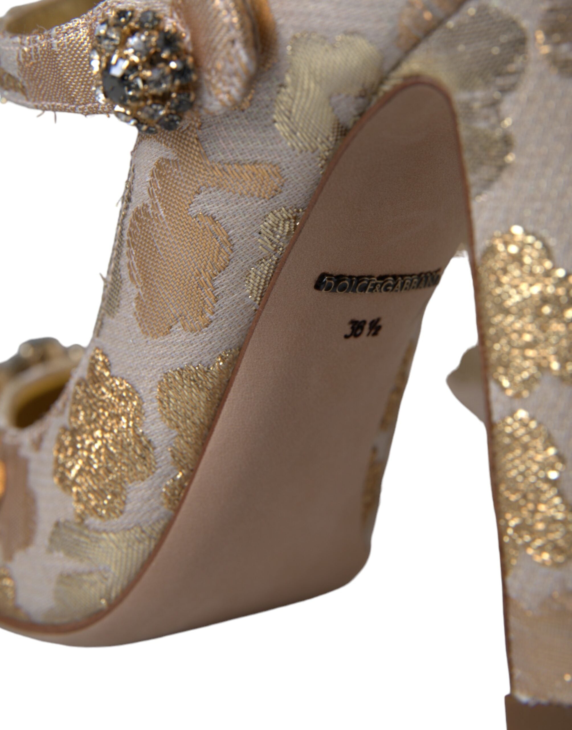 Chaussures à talons Dolce & Gabbana Mary Janes en jacquard doré orné de cristaux, élégantes et sophistiquées.