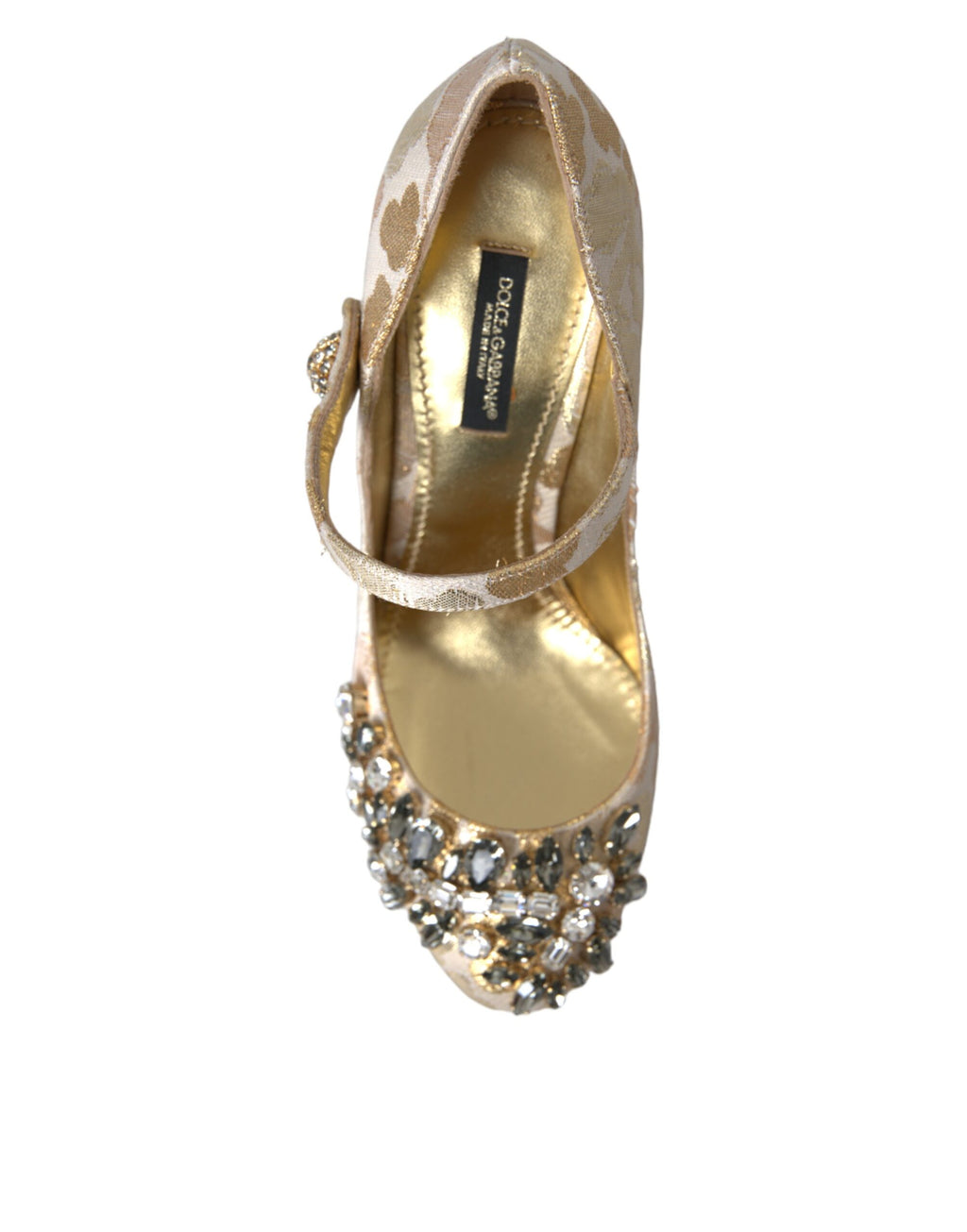 Chaussures à talons Dolce & Gabbana Mary Janes en jacquard doré ornées de cristaux, style élégant et sophistiqué.