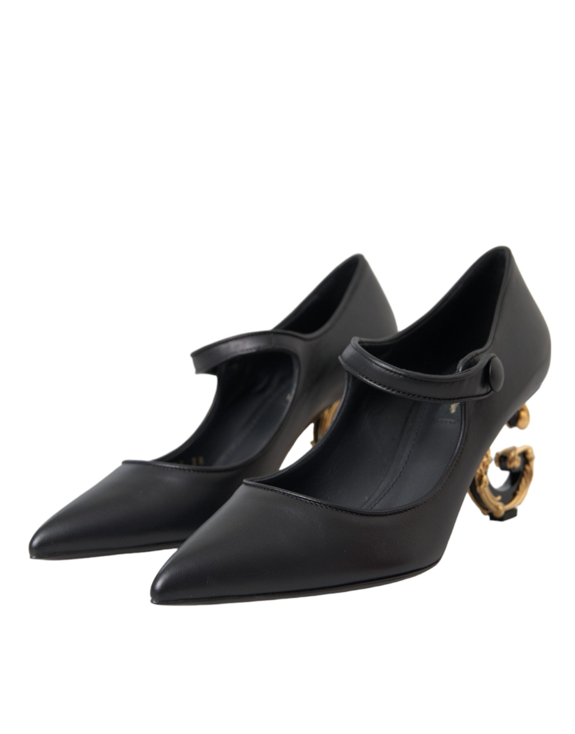 Chaussures à talons noires Dolce & Gabbana en cuir avec logo, style Mary Janes, élégantes et sophistiquées.