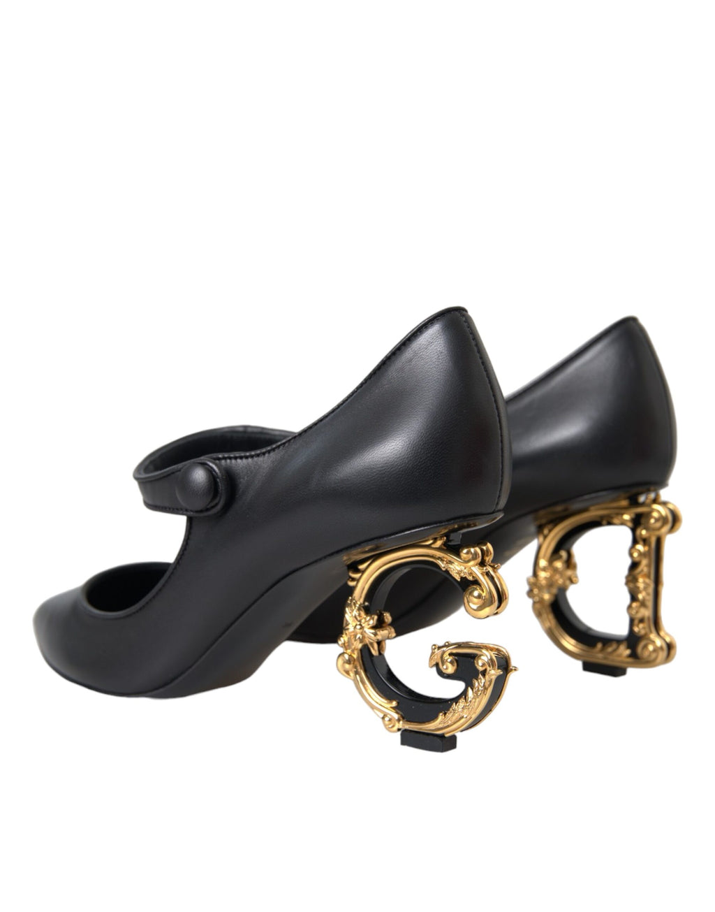 Chaussures à talons noirs Dolce & Gabbana en cuir avec logo, style Mary Janes, élégantes et sophistiquées.