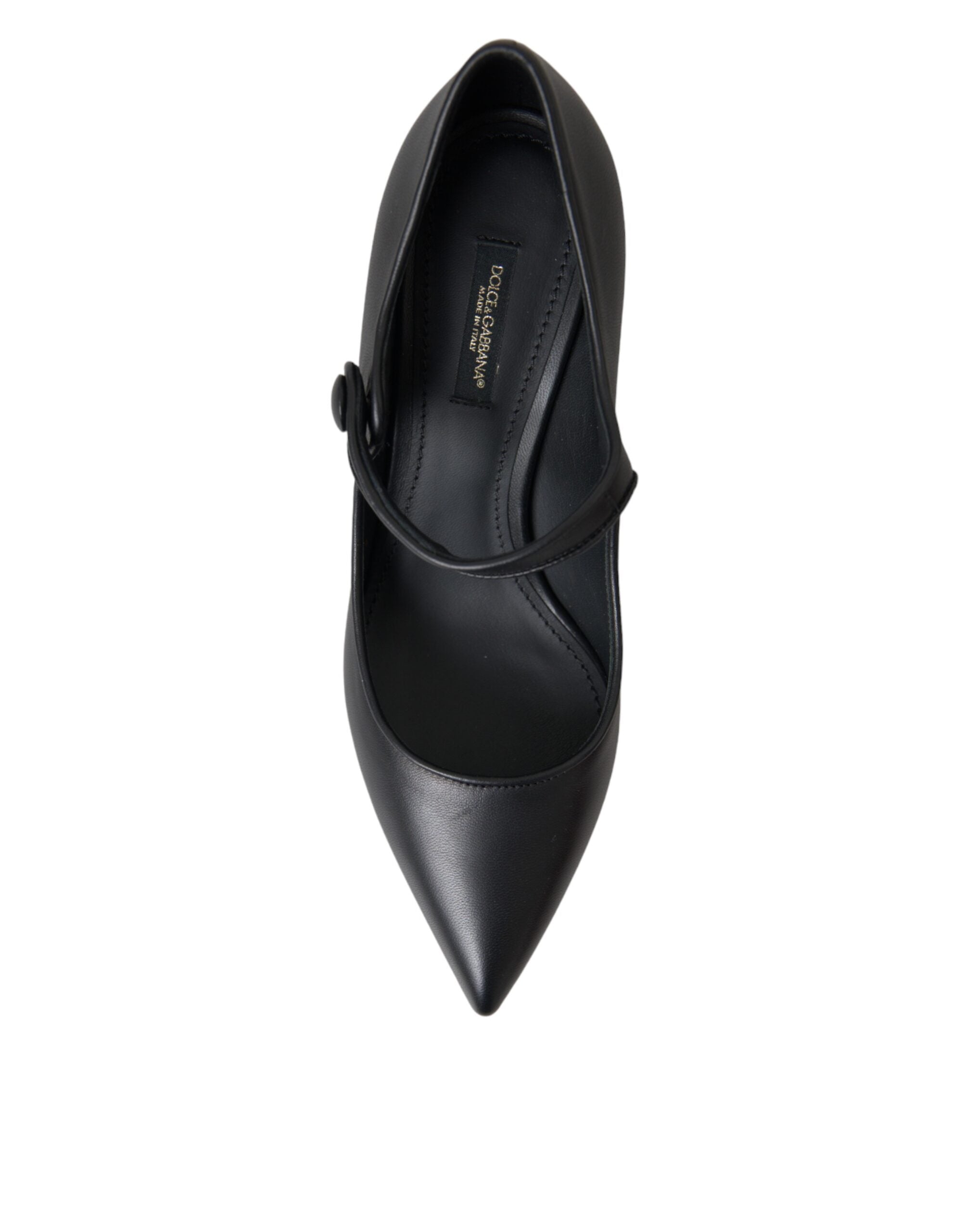 Chaussures Dolce & Gabbana, escarpins noirs en cuir avec logo, style Mary Janes, talons élégants et finition raffinée.