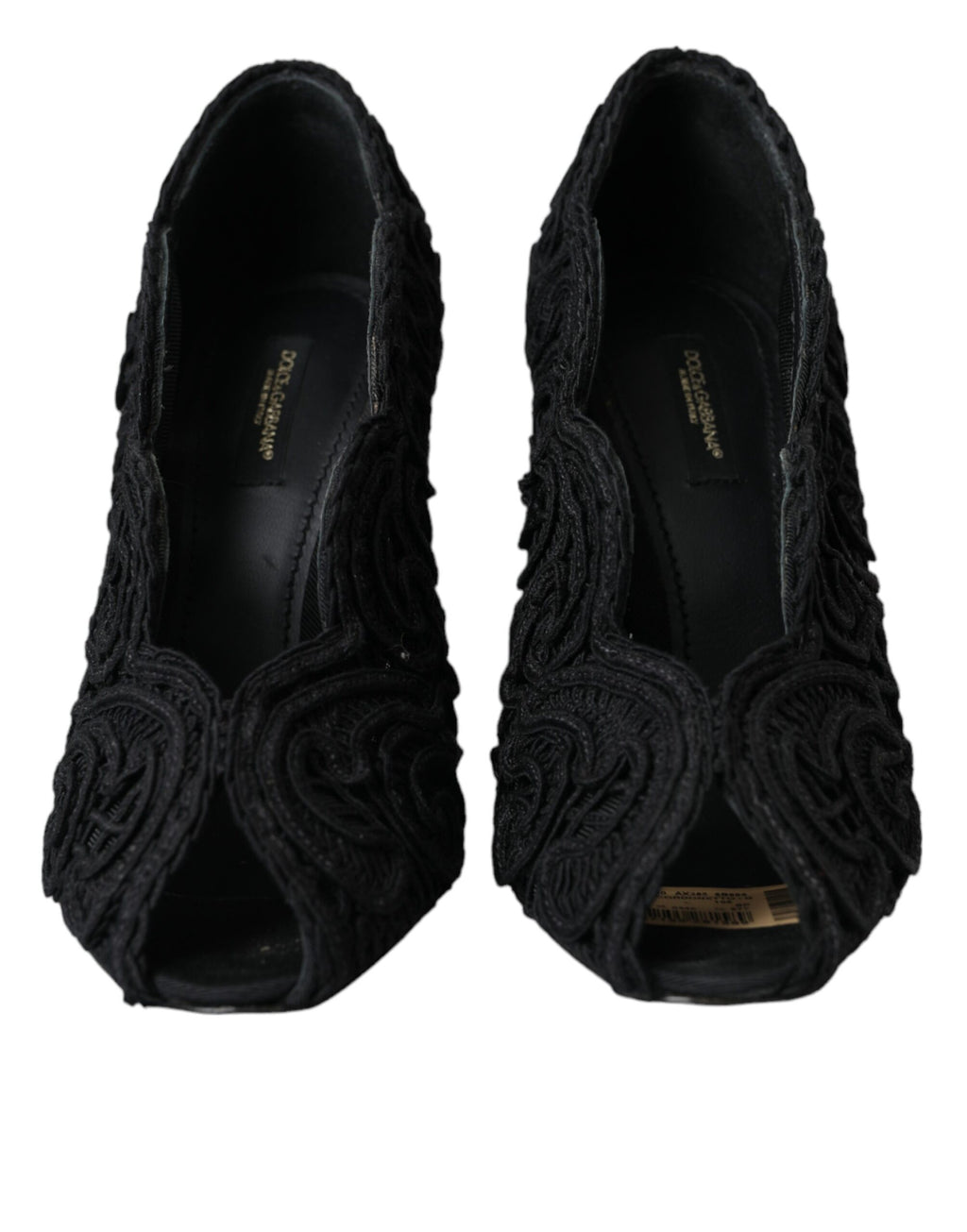 Chaussures à talons ouverts Dolce & Gabbana Cordonetto Ricamo noires, design élégant avec motifs en broderie.