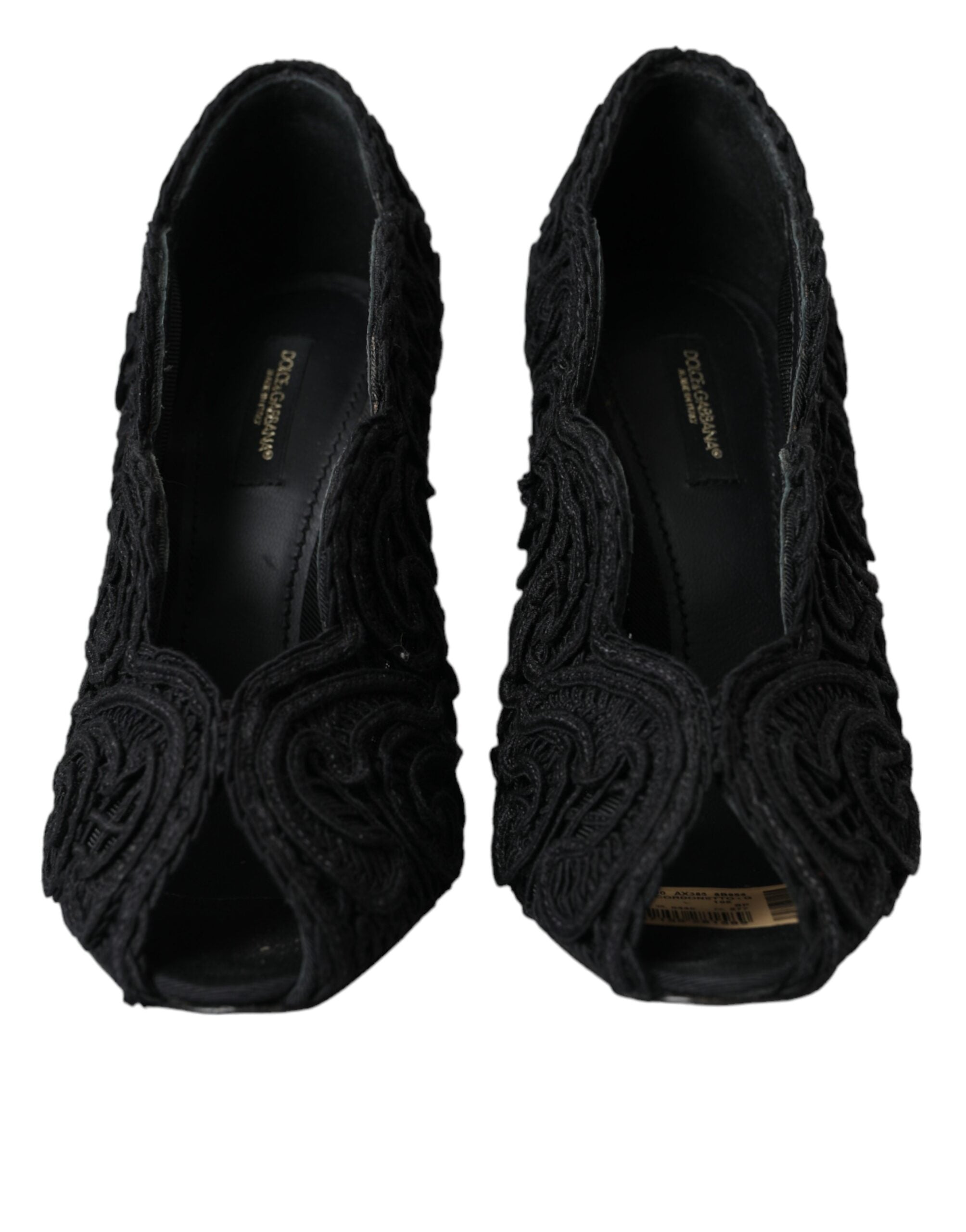 Chaussures à talons ouverts Dolce & Gabbana Cordonetto Ricamo noires, design élégant avec motifs en broderie.