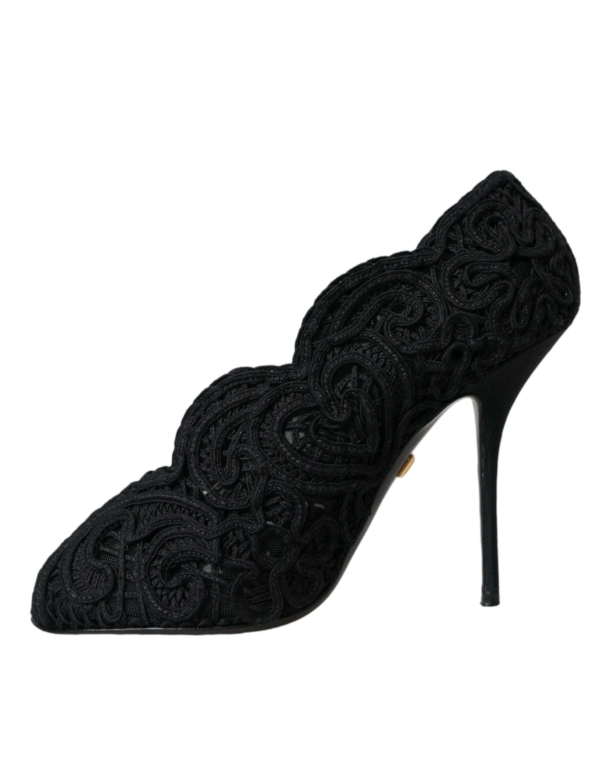 Chaussures à talons ouverts Dolce & Gabbana Cordonetto Ricamo en noir, avec détails en broderie élégante et design sophistiqué.