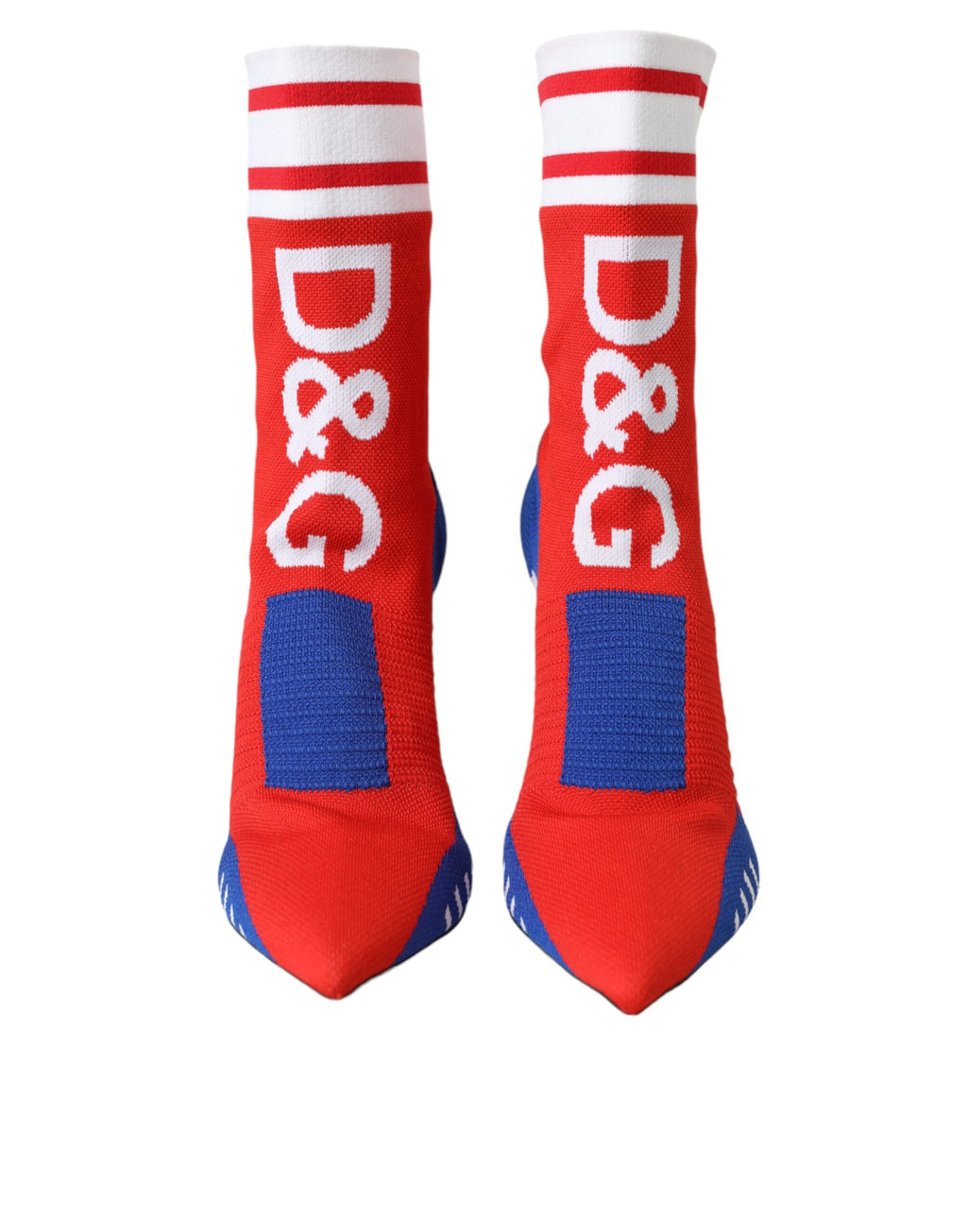 Bottes ankle Dolce & Gabbana rouges et bleues en stretch avec logo, style chaussette, chaussures tendance et élégantes.