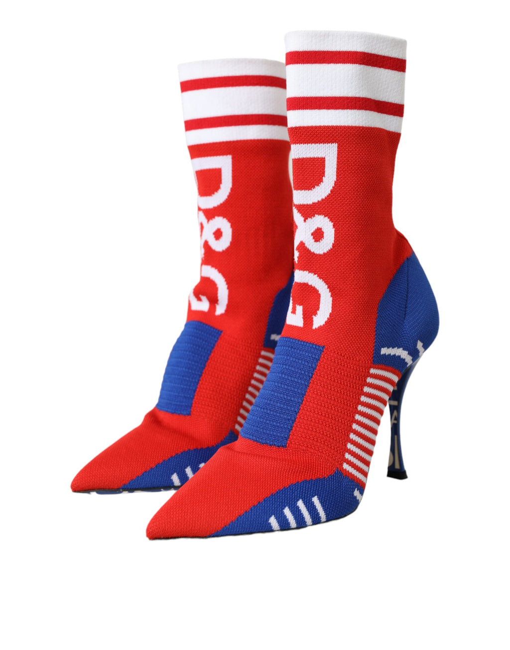 Bottes ankle Dolce & Gabbana en tissu stretch rouge et bleu avec logo, style sock, chaussures élégantes et modernes.