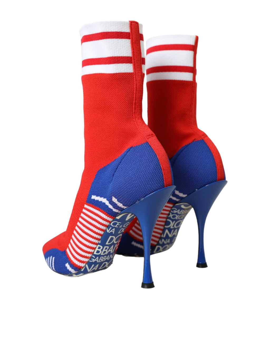 Chaussures bottines Dolce & Gabbana en rouge et bleu avec logo, style chaussette extensible, ankle boots tendance.