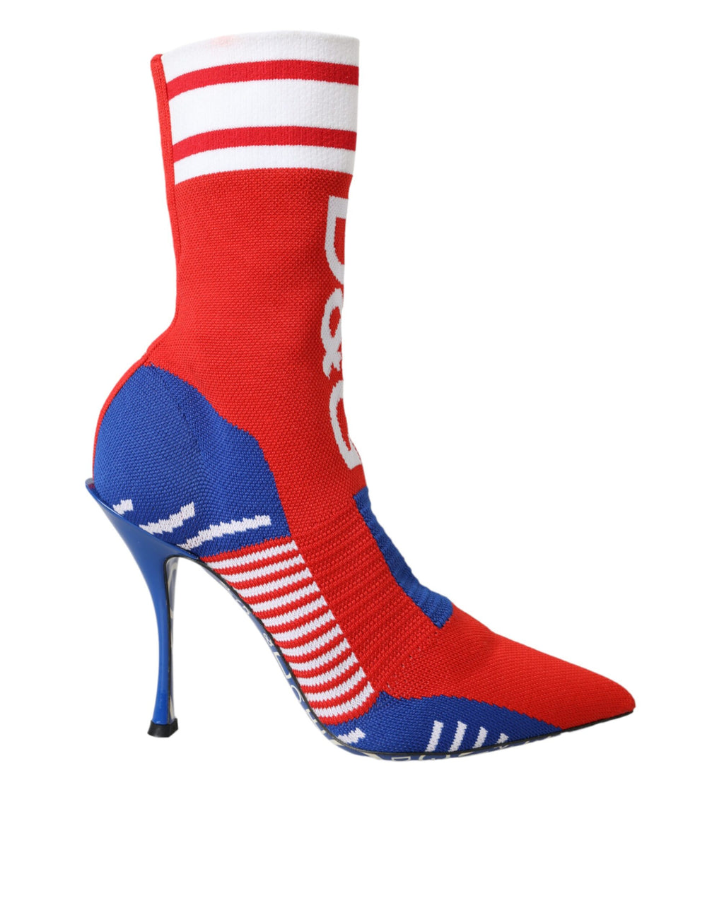 Boots Dolce & Gabbana rouge et bleu en stretch, style ankle avec logo, chaussures élégantes et modernes.