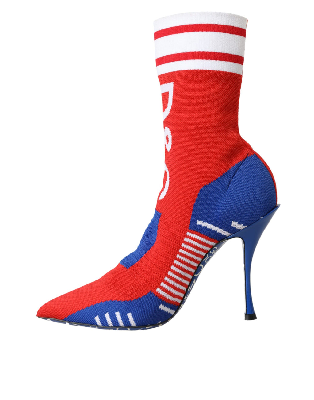 Bottes à talons Dolce & Gabbana rouges et bleues, style chaussette, avec logo, en cuir stretch, vue de côté