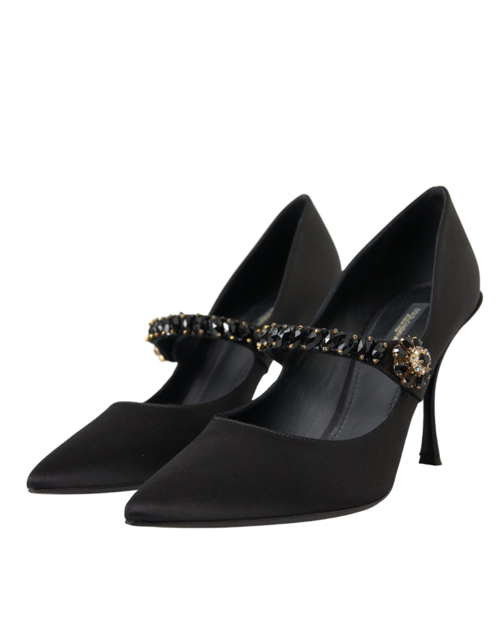 Chaussures Dolce & Gabbana Mary Jane noires avec talons cristallins et détails élégants, vue de côté.