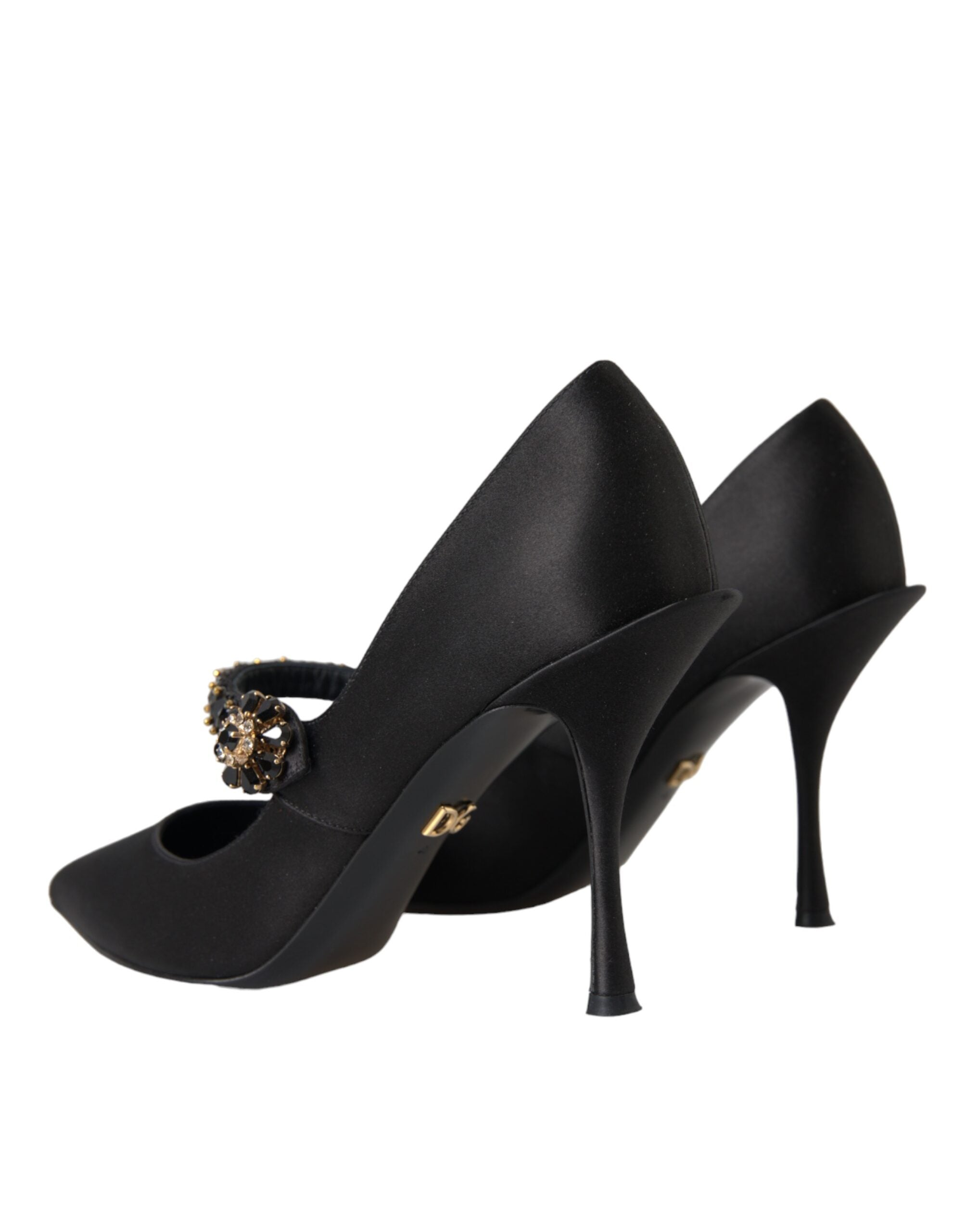 Chaussures à talons Mary Jane noires Dolce & Gabbana avec cristaux, style élégant et sophistiqué, vue de face sur fond blanc.