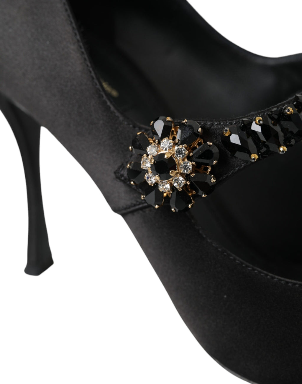 Chaussures à talons Dolce & Gabbana Mary Jane noires avec cristaux, style élégant et sophistiqué, vue de côté.