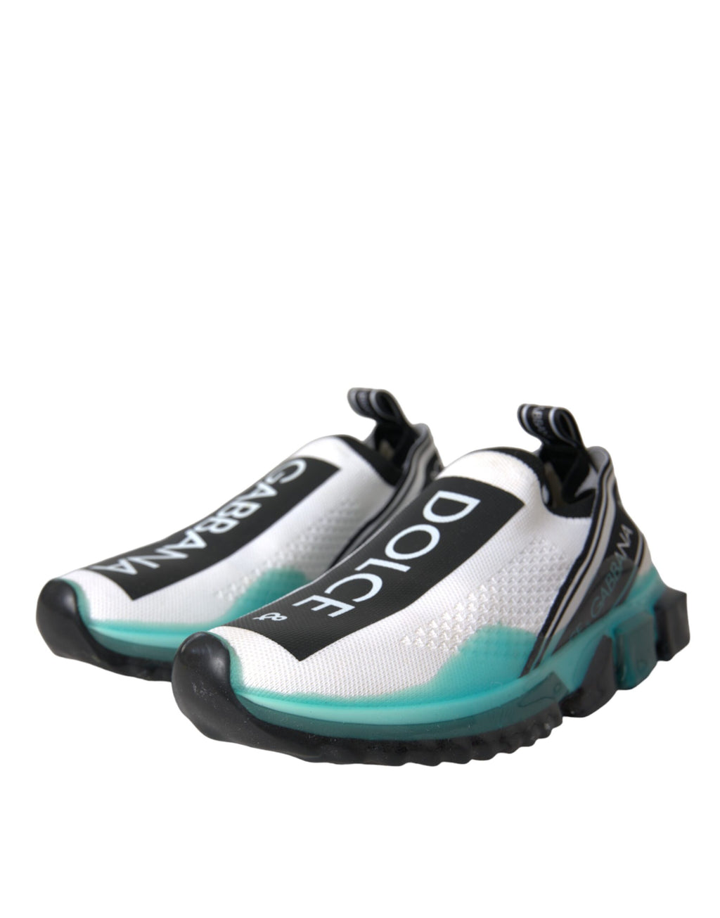 Chaussures sneakers Dolce & Gabbana Sorrento en noir, blanc et bleu, style slip-on, vues de face avec détails de la semelle.