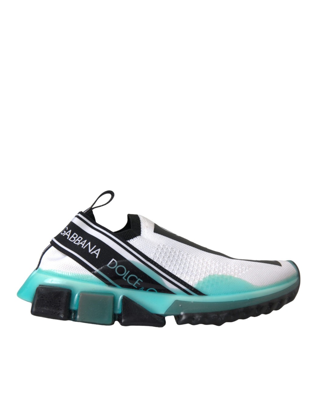 Chaussures Dolce & Gabbana Sorrento, sneakers slip-on noires, blanches et bleues, vue de face.