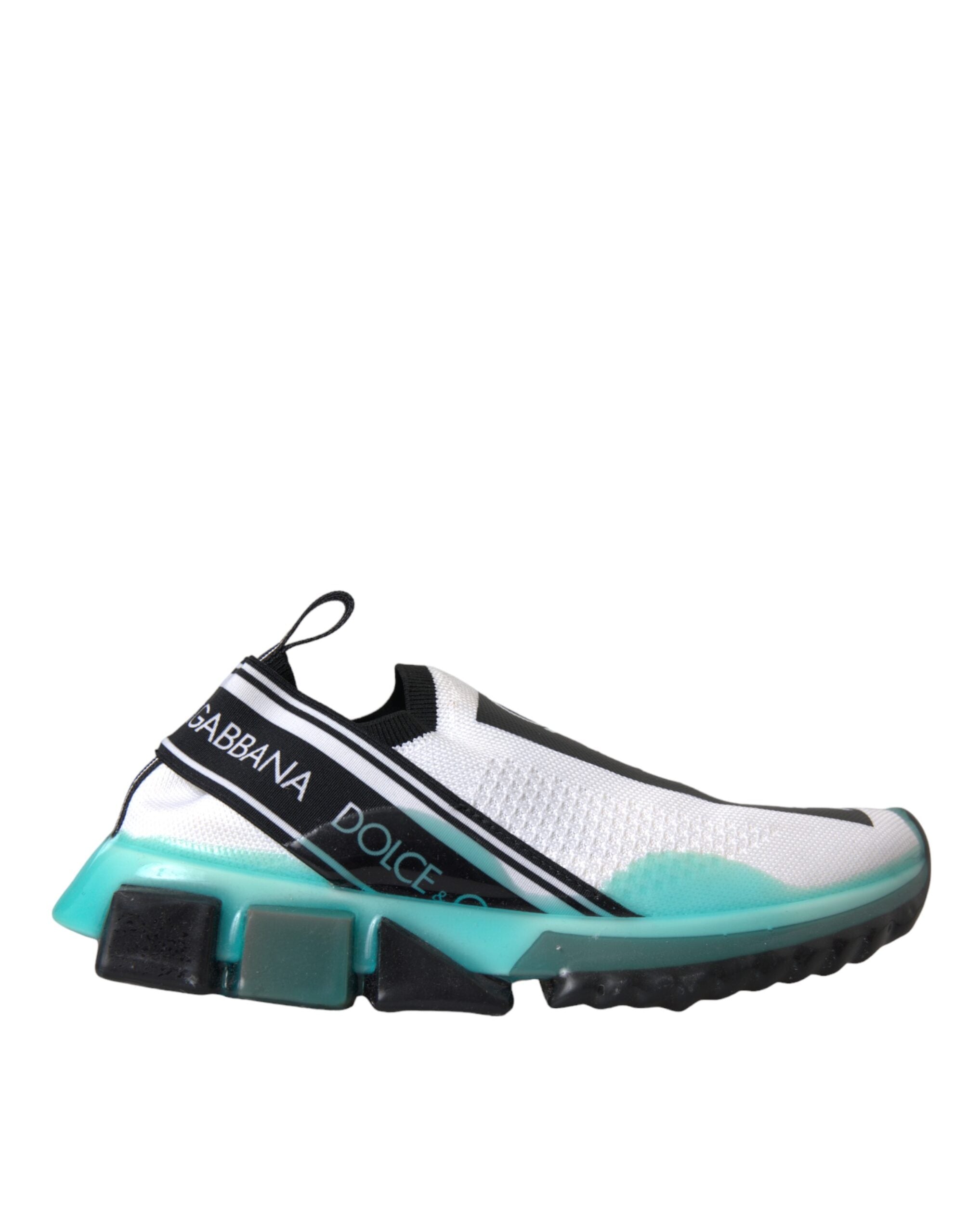 Chaussures Dolce & Gabbana Sorrento, sneakers slip-on noires, blanches et bleues, vue de face.