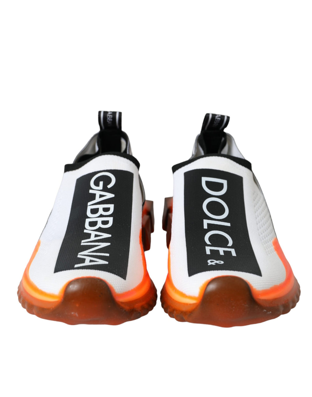 Chaussures Dolce & Gabbana Sorrento slip-on noires, blanches et orange, baskets élégantes en cuir pour homme.