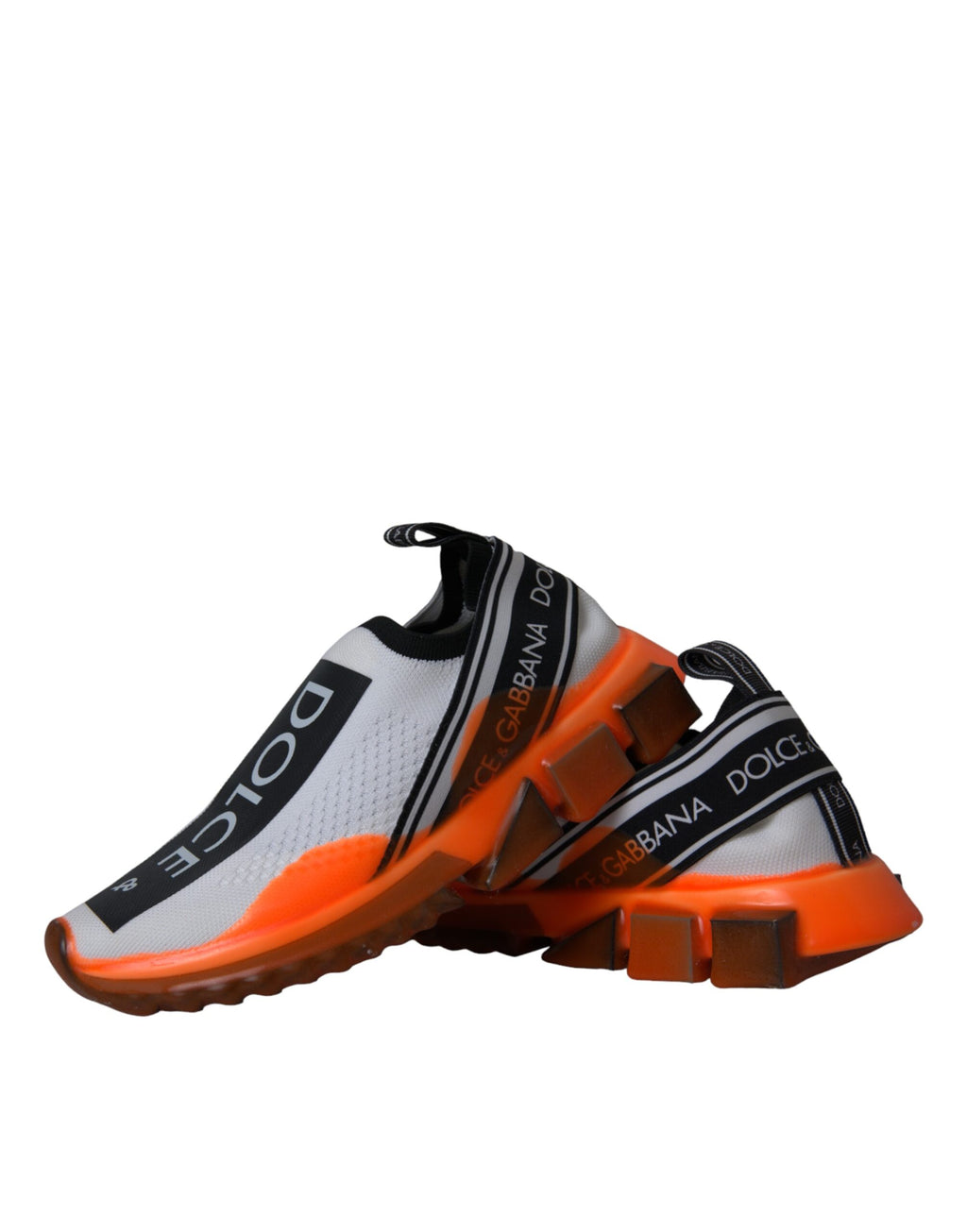 Chaussures sneakers Dolce & Gabbana Sorrento noires, blanches et oranges, en slip-on, vues de face.