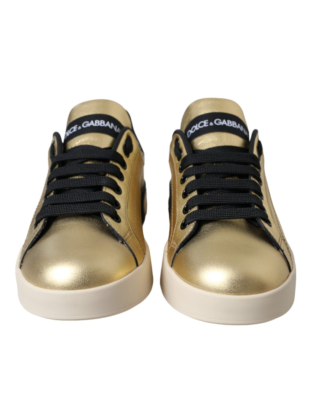 Sneakers pour femmes Dolce & Gabbana Portofino en cuir de veau doré, style élégant et moderne, vue de face.