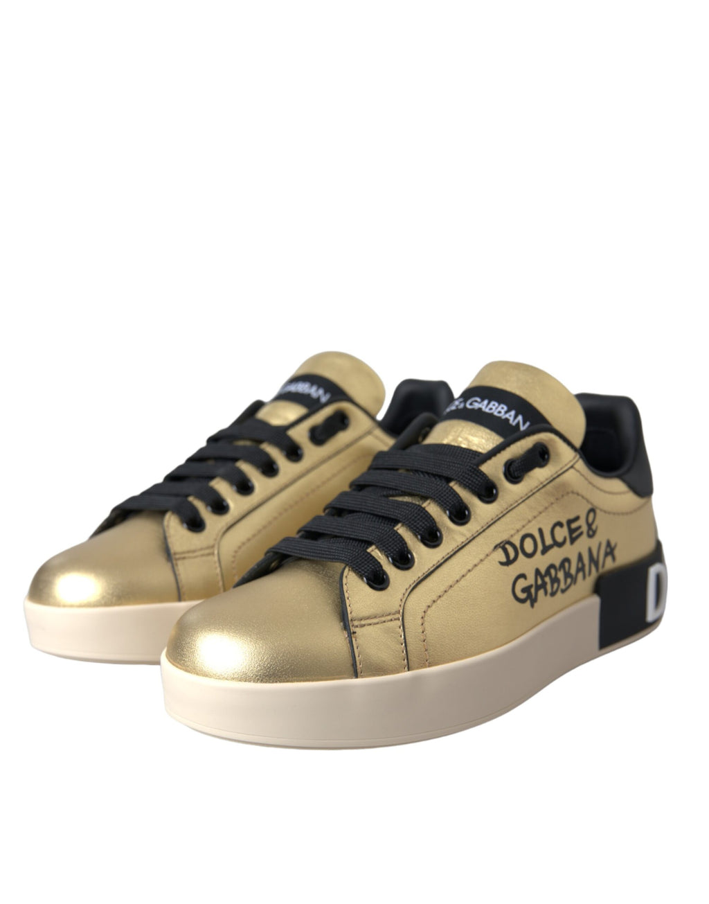 Sneakers pour femmes Dolce & Gabbana Portofino en cuir de veau doré, style élégant et moderne, vue de face.