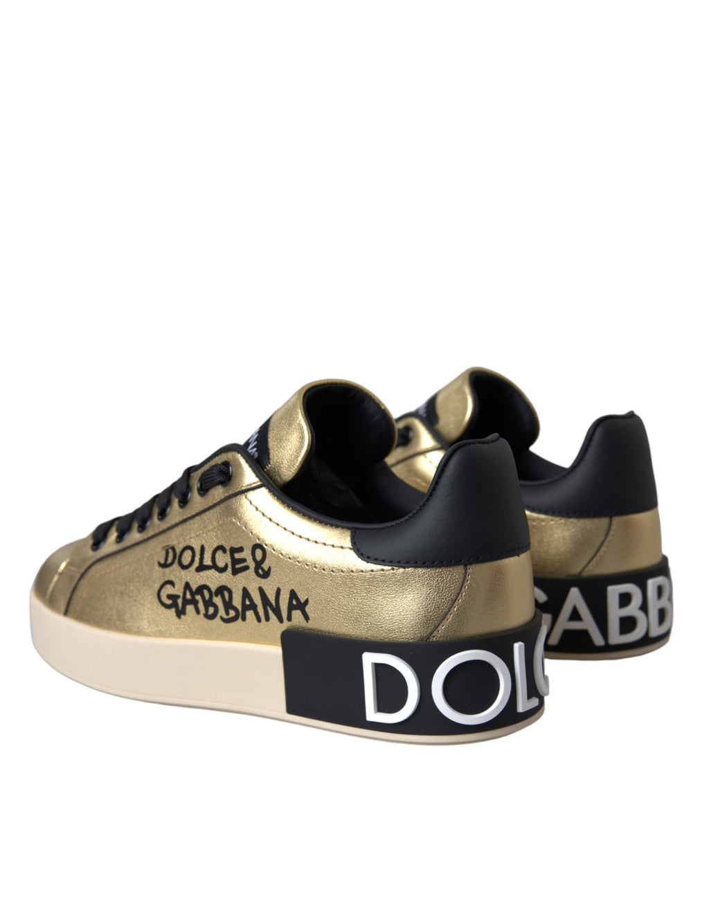 Chaussures pour femmes Dolce & Gabbana Portofino en cuir de veau doré, sneakers élégants avec design sophistiqué.