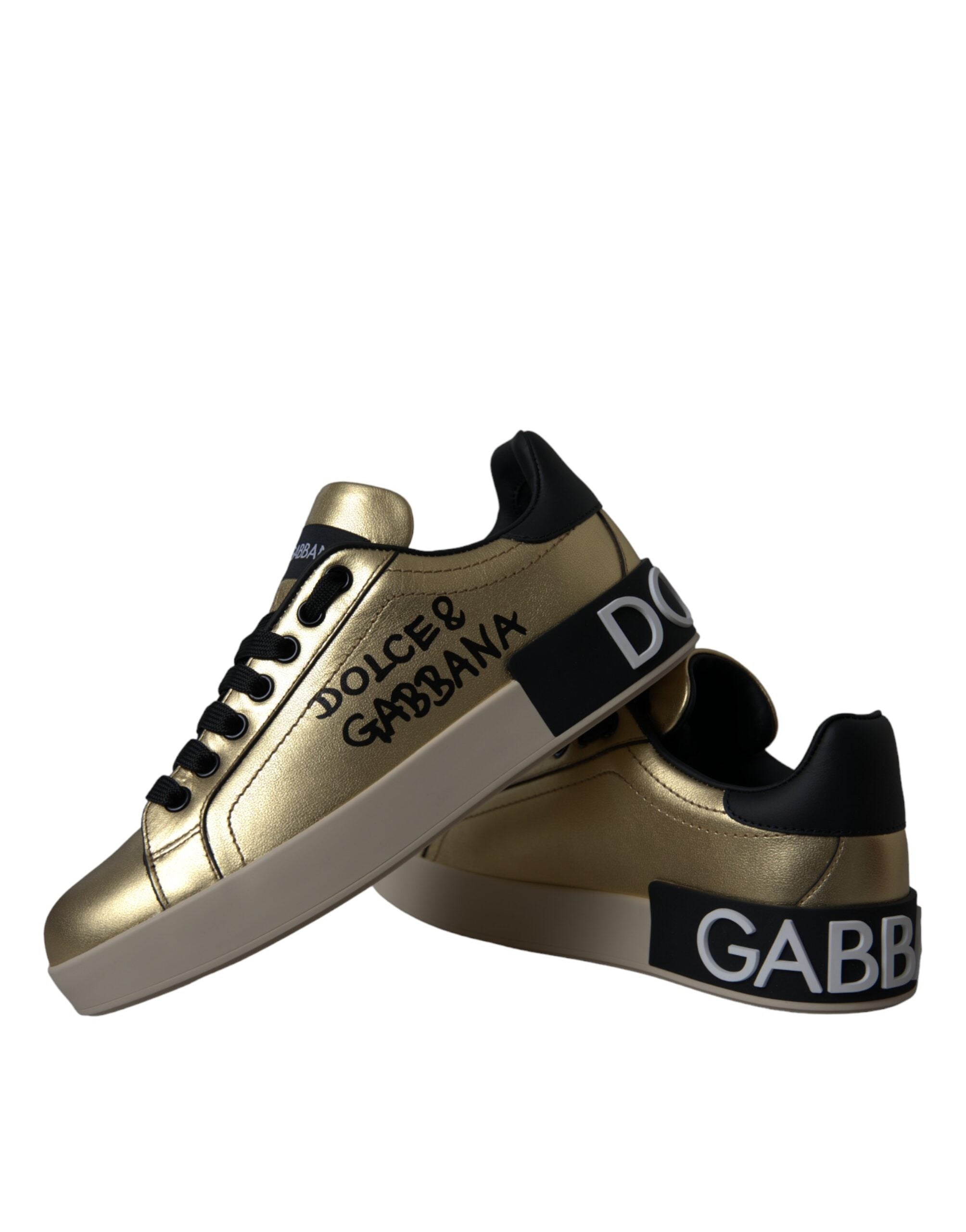 Chaussures femmes Dolce & Gabbana Portofino en cuir de veau doré, baskets élégantes avec détails raffinés.