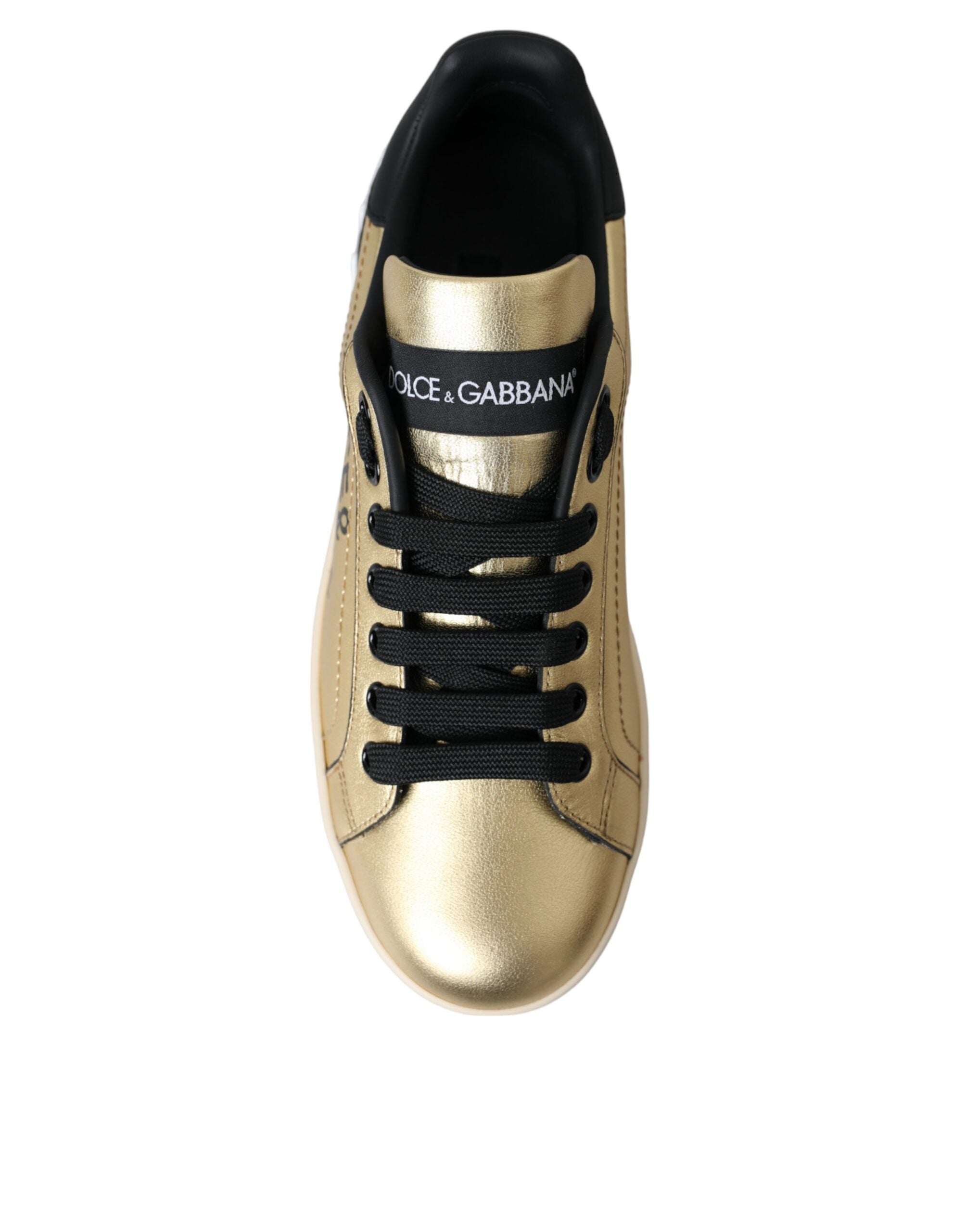 Chaussures pour femmes Dolce & Gabbana Portofino en cuir de veau doré, baskets élégantes et tendance.