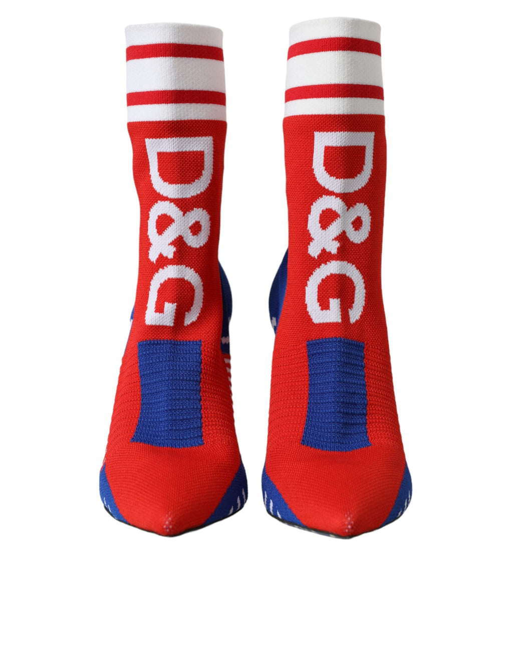 Bottines courtes Dolce & Gabbana rouges et bleues en satin avec logo, style chaussette extensible, vue de face.