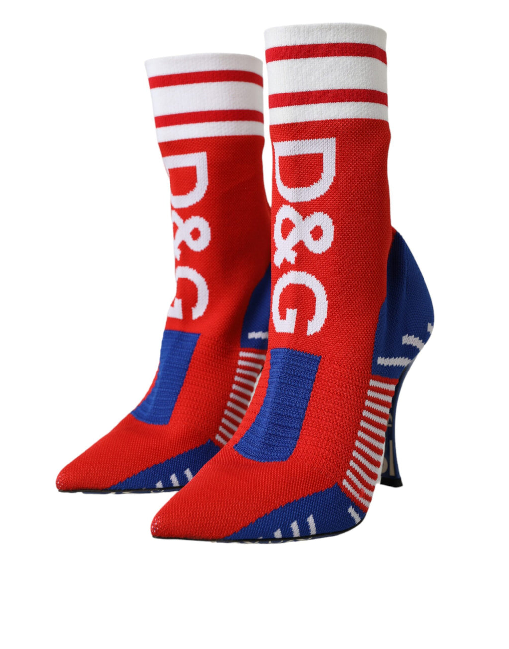 Chaussures Dolce & Gabbana rouges et bleues, bottines courtes en tissu stretch avec logo, style sock.