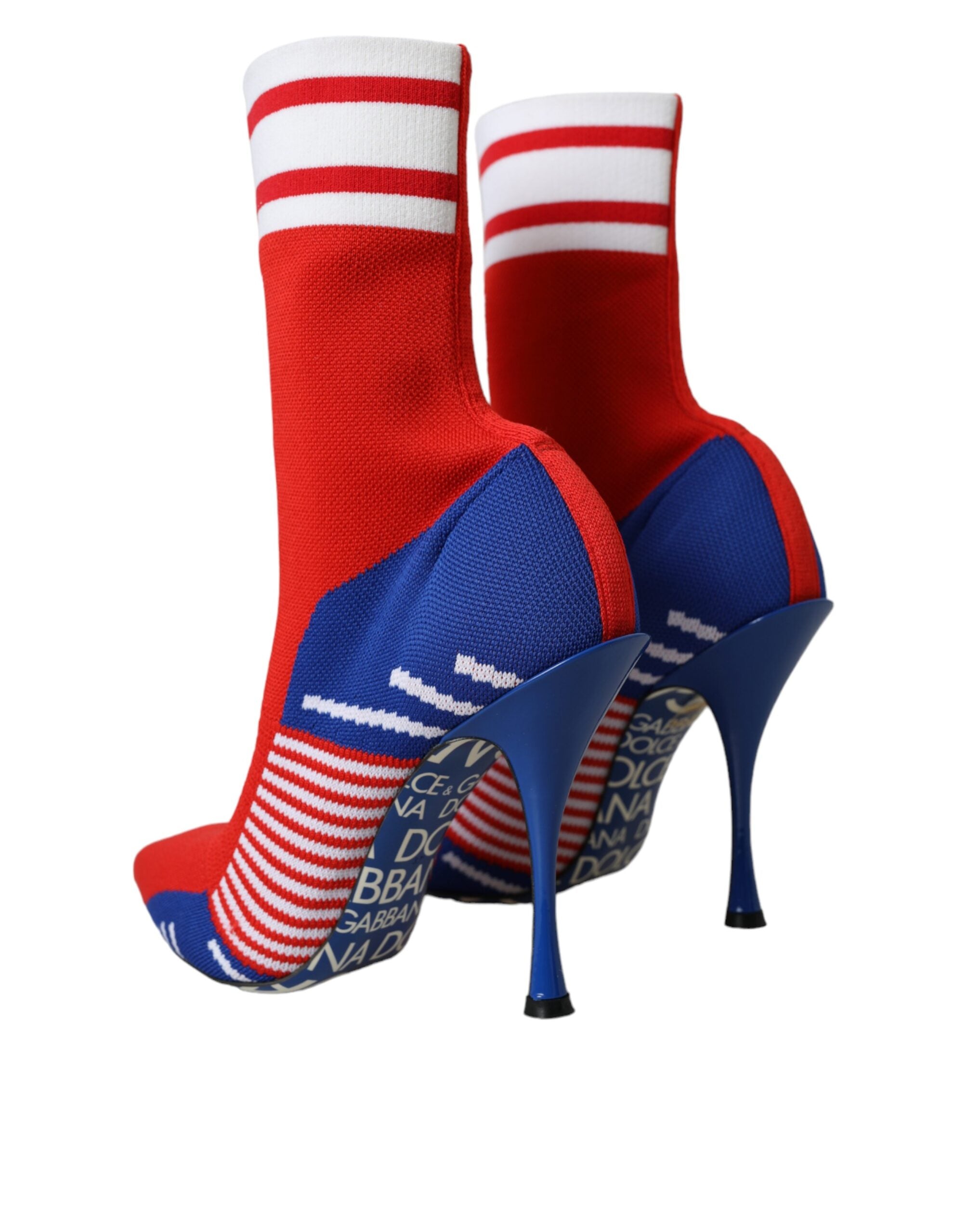 Chaussures Dolce & Gabbana rouges et bleues, bottines courtes en stretch avec logo, style sock.