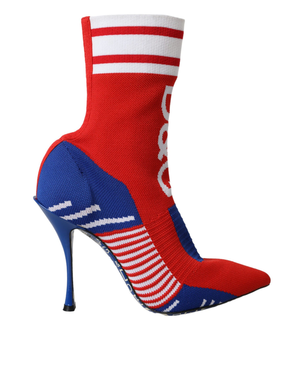 Bottes courtes Dolce & Gabbana en rouge et bleu avec logo, style stretch sock, chaussures élégantes et modernes pour femmes.
