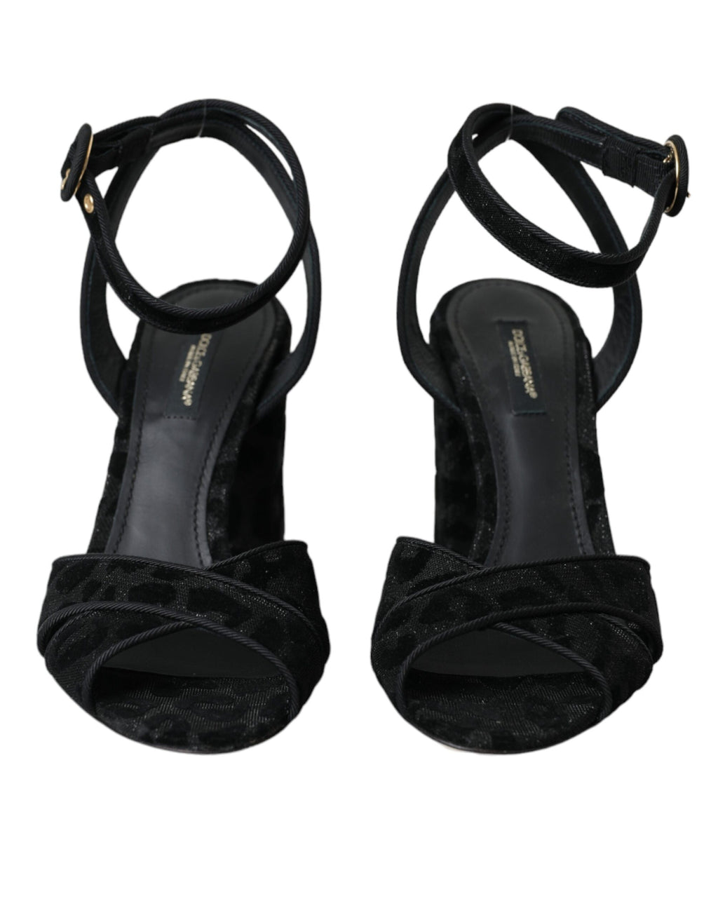 Sandales à talons Dolce & Gabbana en daim noir avec motif léopard, élégantes et tendance, vue de côté.