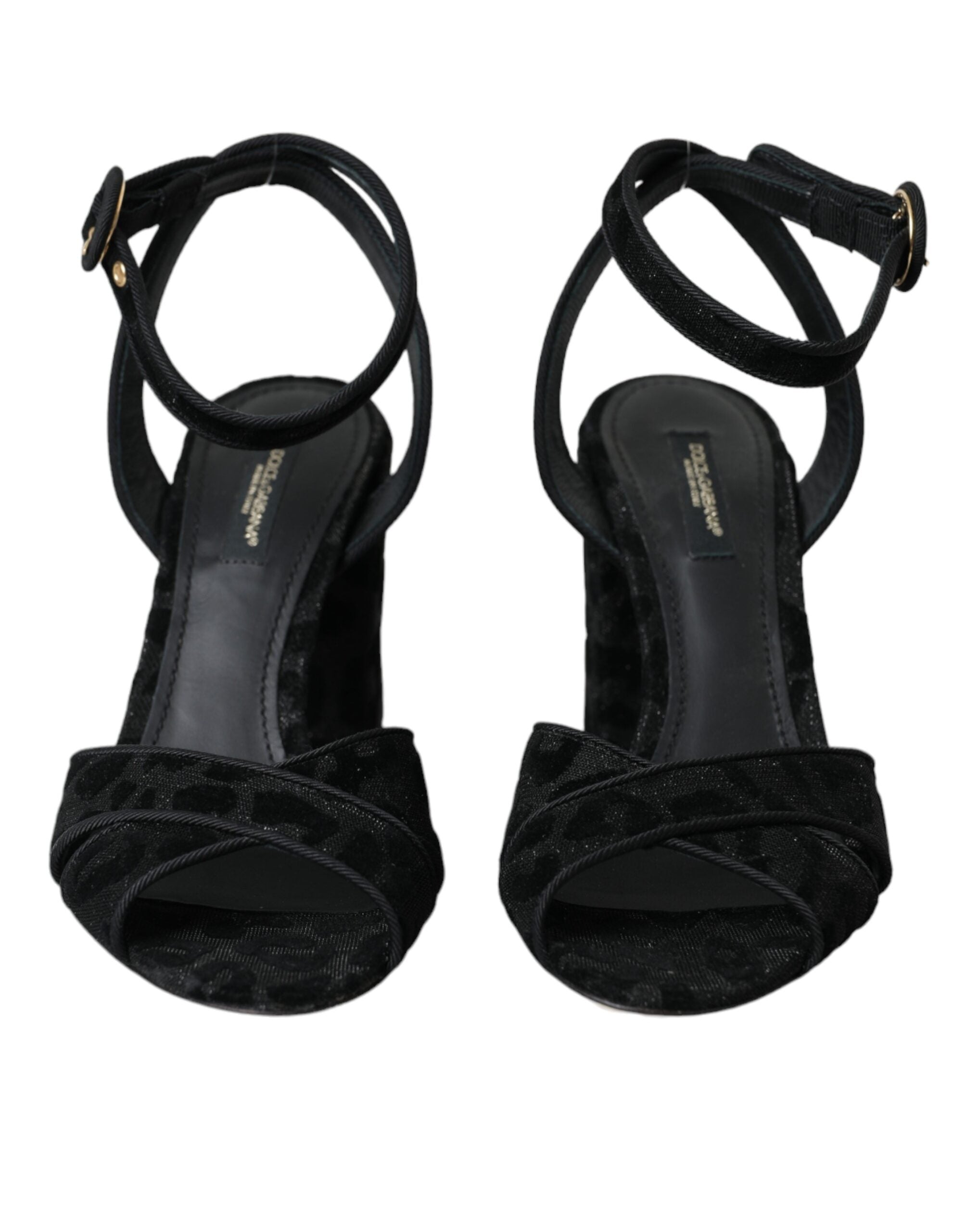 Sandales à talons Dolce & Gabbana en daim noir avec motif léopard, élégantes et tendance, vue de côté.