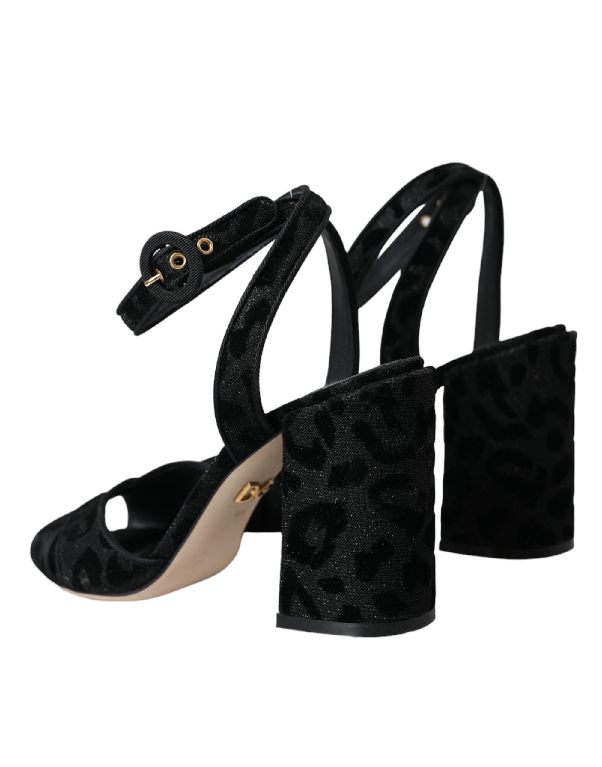 Sandales Dolce & Gabbana en daim noir à motif léopard avec talons, chaussures élégantes et tendance.