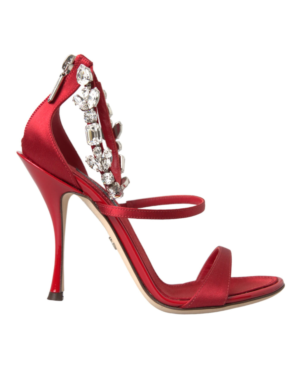 Sandales à talons rouges Dolce & Gabbana Keira en satin avec cristaux, vue de côté.