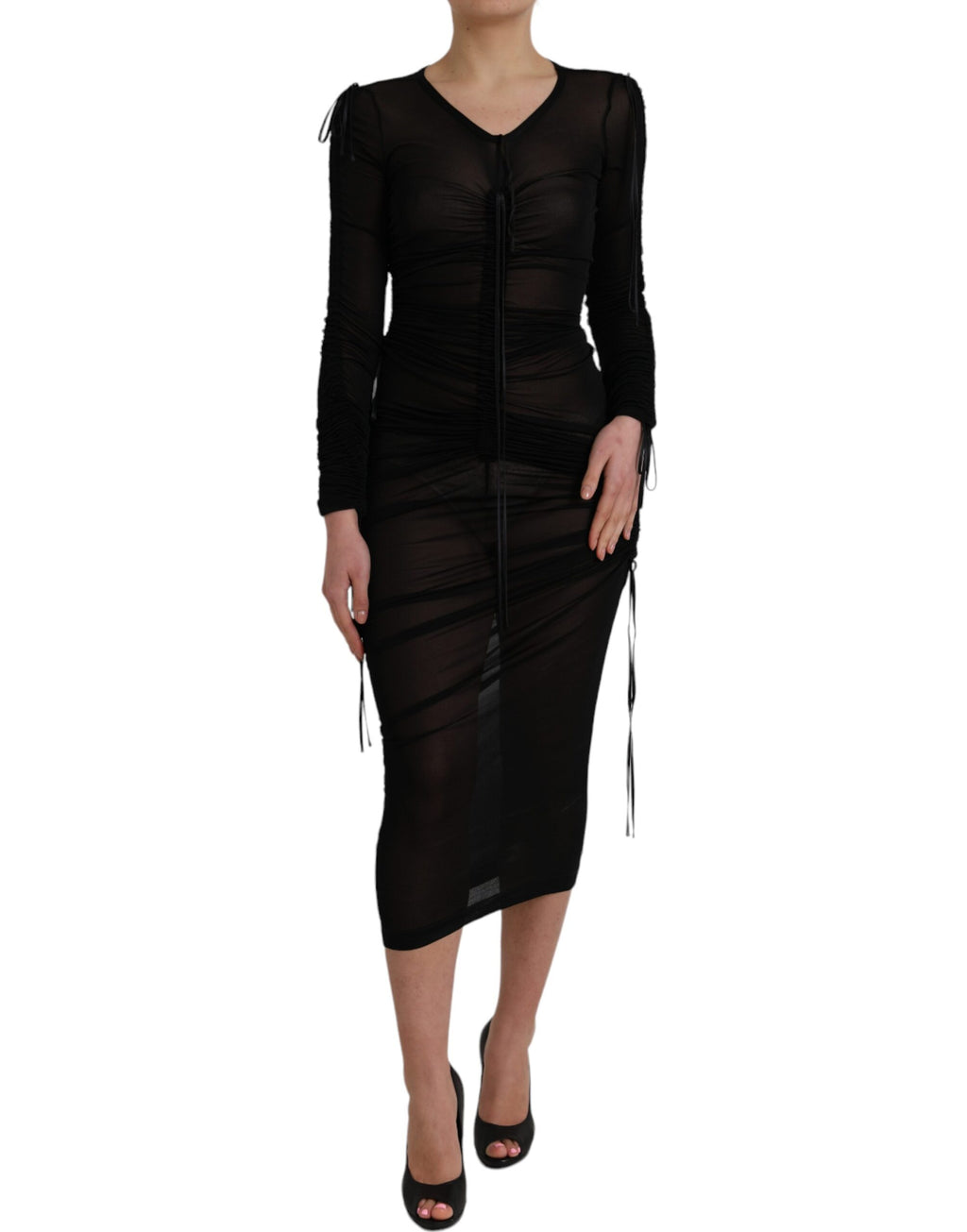 Robe moulante noire en sheer de Dolce & Gabbana, robe midi élégante en tissu transparent avec détails sophistiqués.