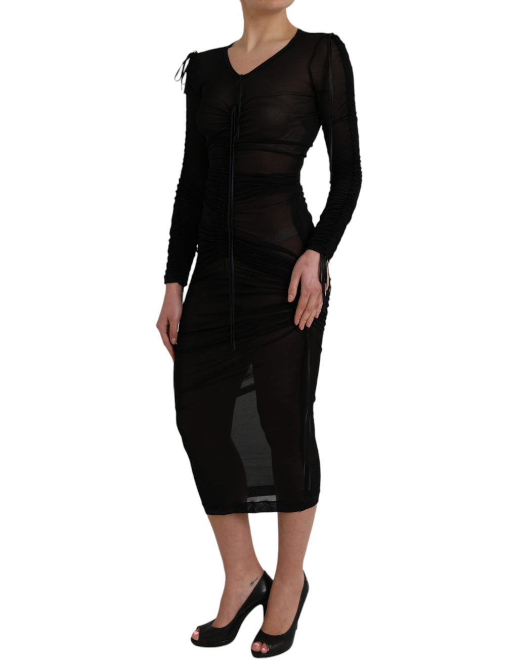 Robe midi noire en dentelle transparente de type bodycon de Dolce & Gabbana, ajustée et élégante.