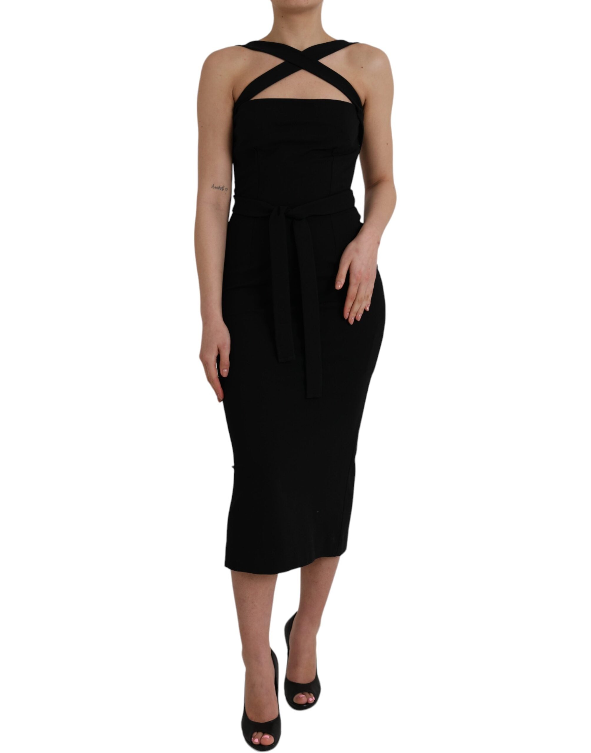 Robe midi noire sans manches Dolce & Gabbana, robeFourreau à col halter élégante en tissu fluide.