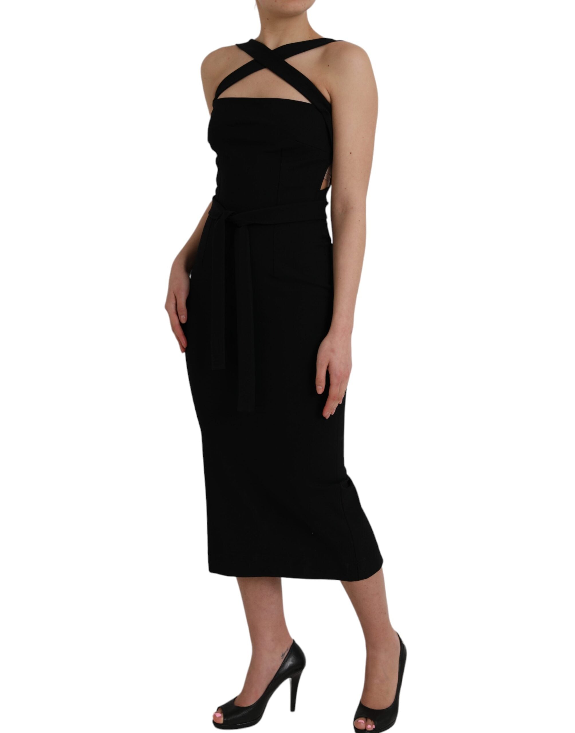 Robe midi sans manches noire Dolce & Gabbana, robe fourreau à col halter, visible en tissu élégant et ajusté.