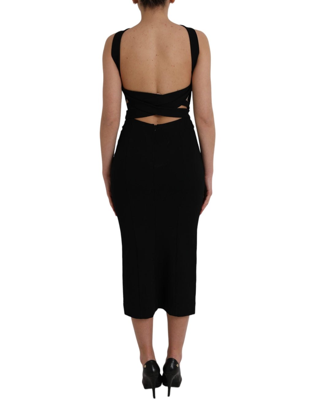 Robe midi noire sans manches Dolce & Gabbana, coupe ajustée et encolure en halter, vêtement élégant et sophistiqué.