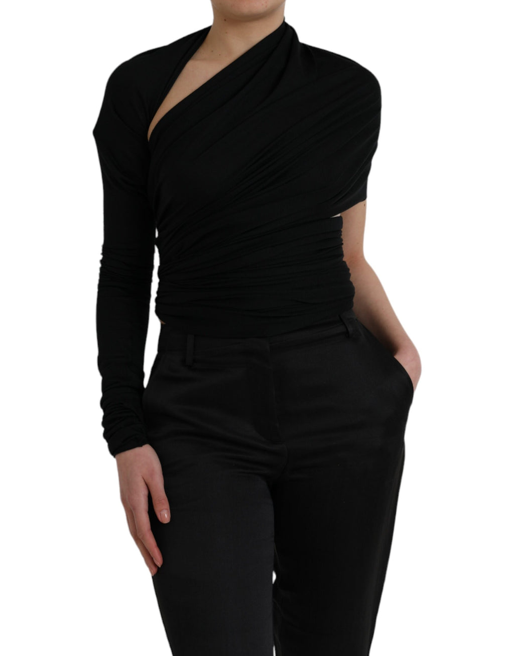 Top en laine noire Dolce & Gabbana à découpes asymétriques et manches longues, style élégant et moderne.