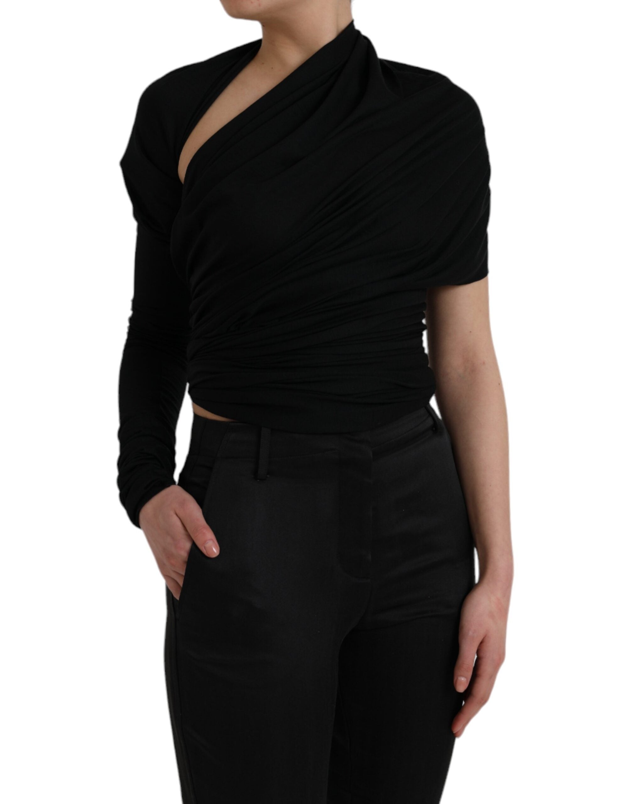 Top long à manches longues asymétrique en laine noire de Dolce & Gabbana, avec découpe design élégant.