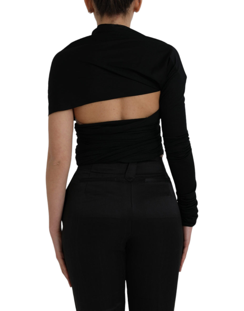 Haut en laine noire Dolce & Gabbana, coupe asymétrique avec découpes, manches longues et design élégant.