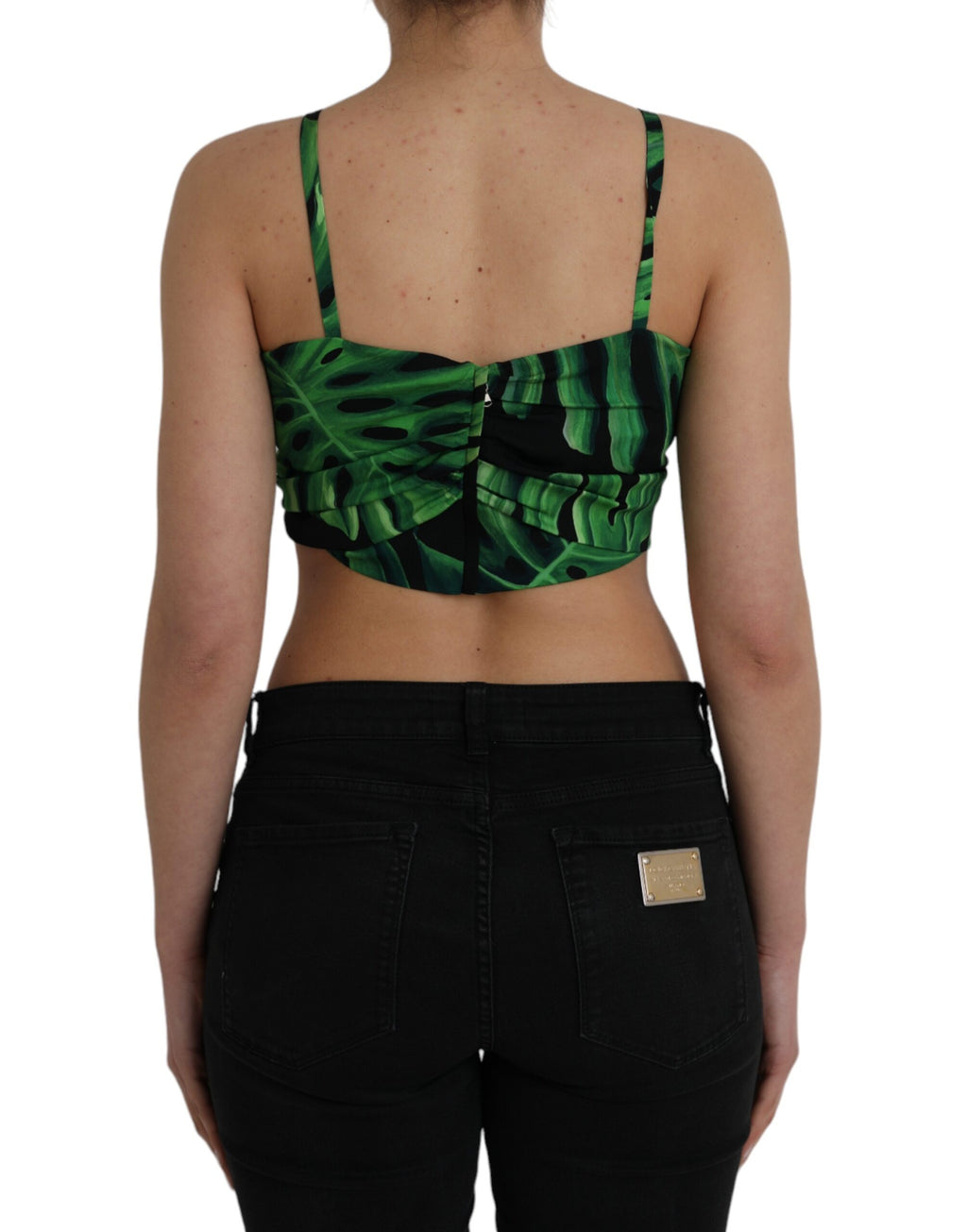 Haut court en soie noire et vert à feuilles, top à col halter de la marque Dolce & Gabbana, en tissu élégant et léger.