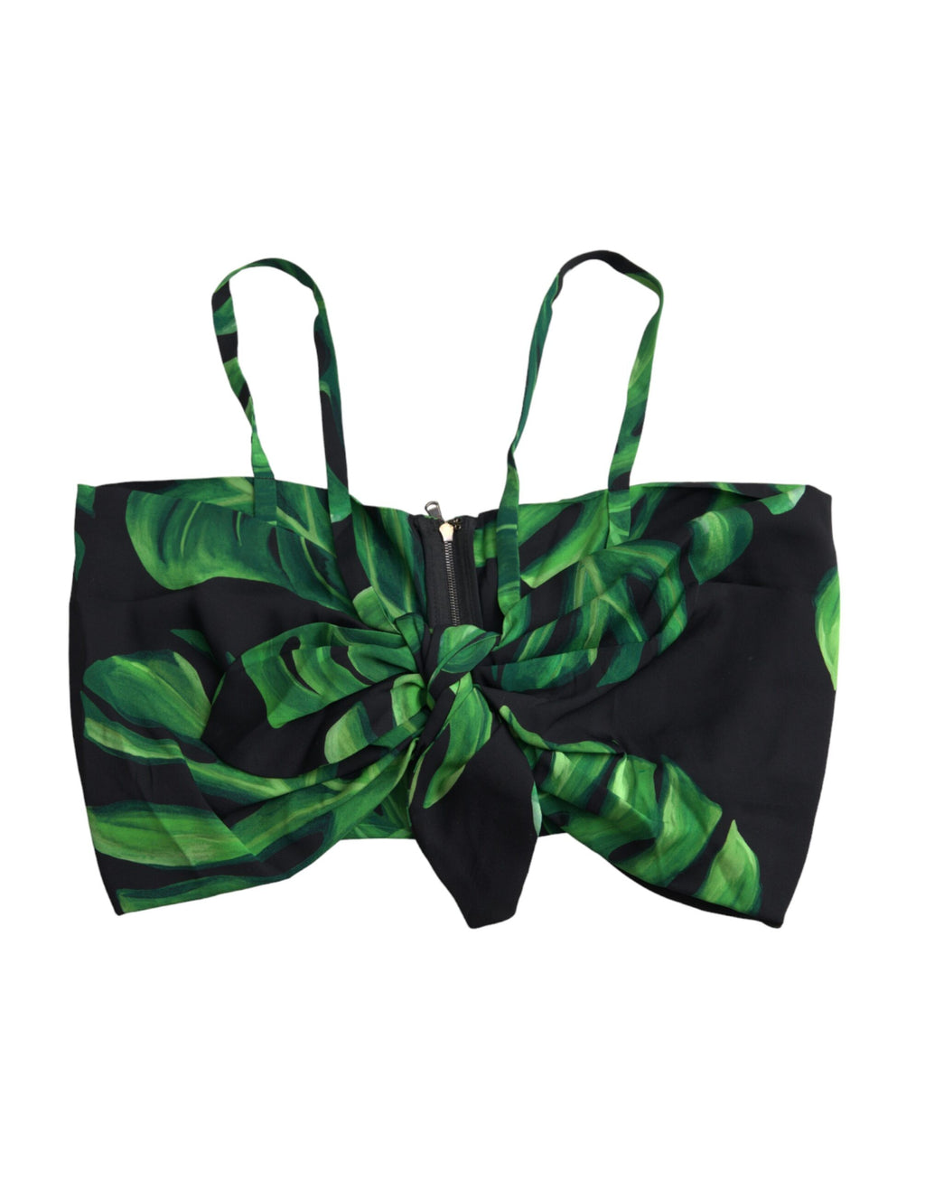 Haut court en soie noir et vert avec motif de feuilles, style halter de Dolce & Gabbana.
