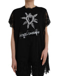 T-shirt en coton noir Dolce & Gabbana avec motif cœur sacré en dentelle, style élégant et graphique.