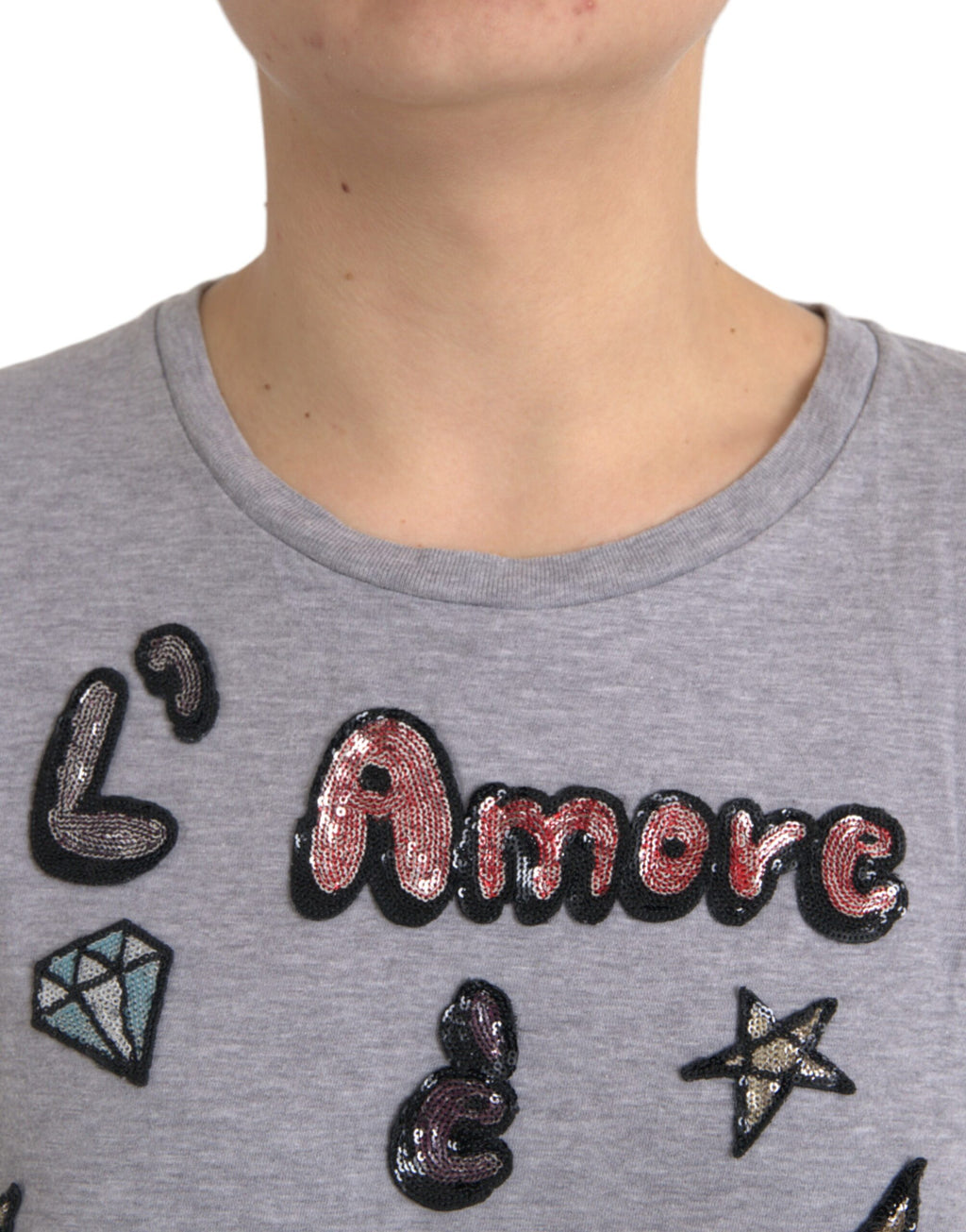 T-shirt gris en coton Dolce & Gabbana L'Amore E'Bellezza avec motif graphique, vue de face.