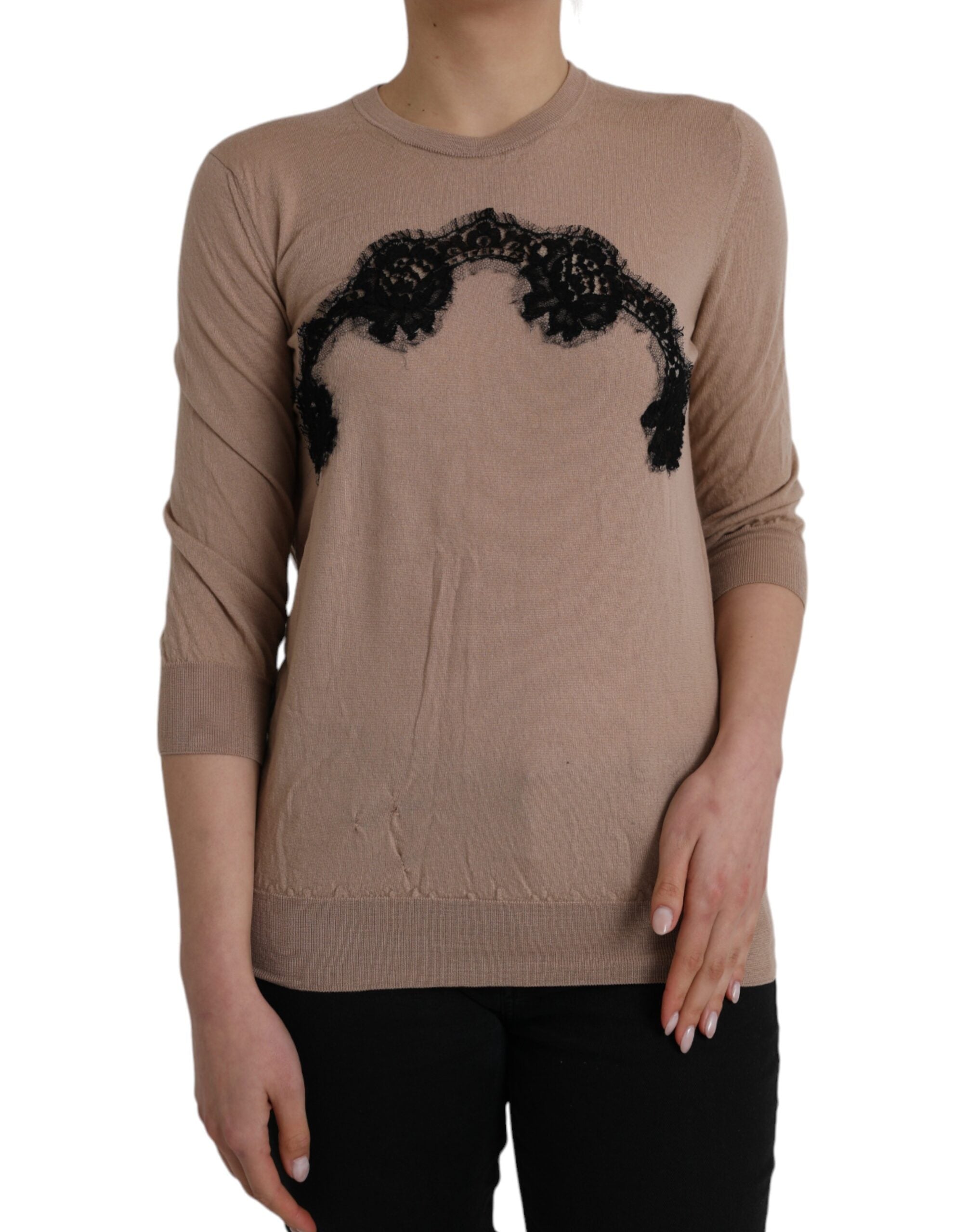 Chemise Dolce & Gabbana en laine marron avec dentelle noire à manches 3/4, élégante et sophistiquée.