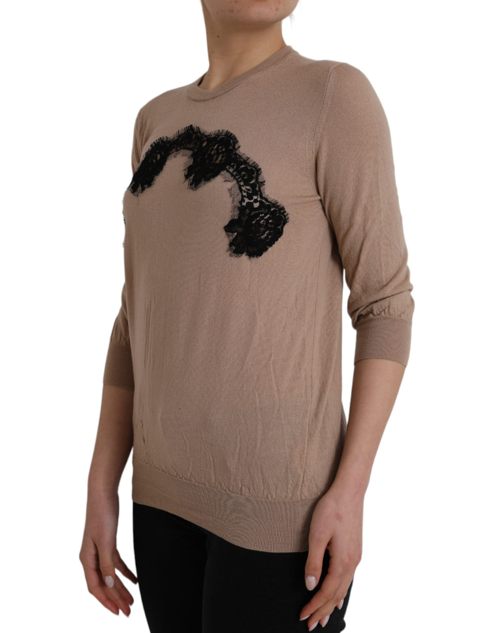 Blouse Dolce & Gabbana en laine marron et noire, manches 3/4 avec dentelle, élégante et sophistiquée.