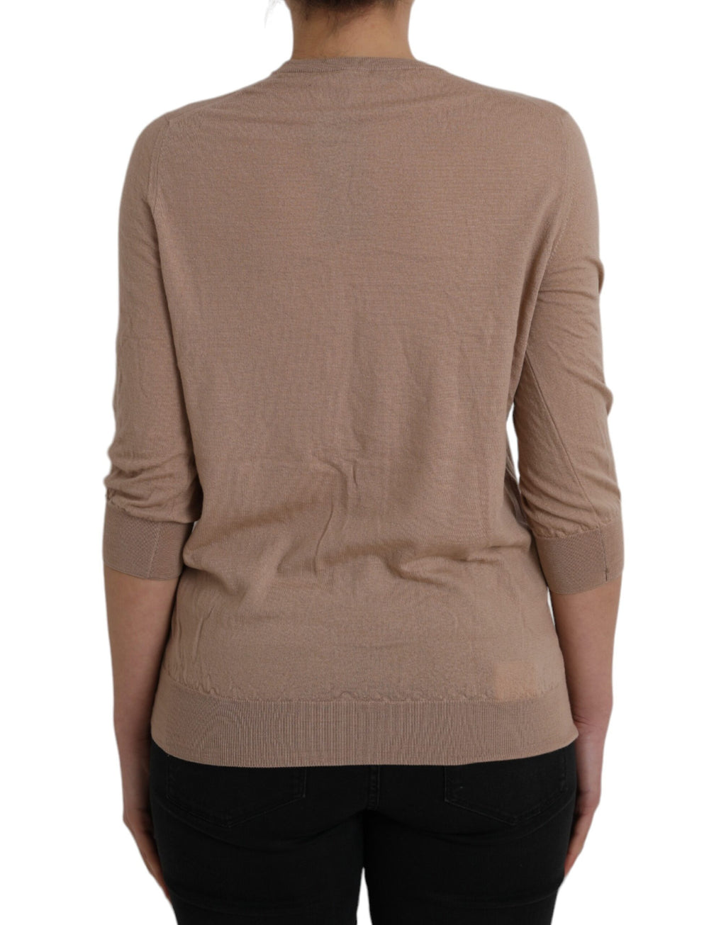 Chemise Dolce & Gabbana en laine marron avec dentelle noire à manches 3/4, élégante et raffinée.